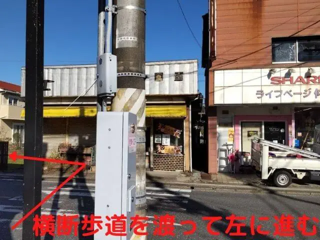 T字路の信号機のある横断歩道を渡って左に曲がる矢印がついた写真