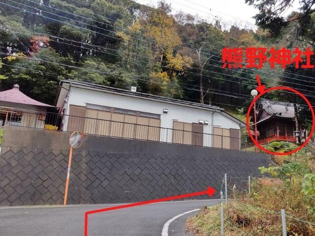 T字路に出たら右に曲がると熊野神社が見える写真
