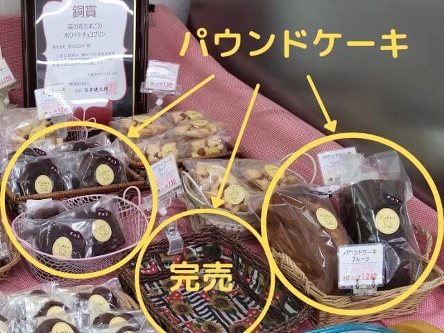 パウンドケーキの一本売りと一切れ売りのチョコ味とフルーツ味の写真