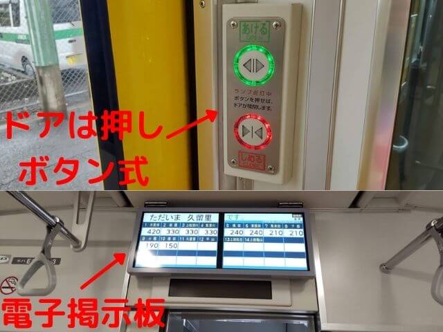 列車がわたしが乗っていた頃より進化をとげてドアが押しボタン式や電子掲示板がある写真