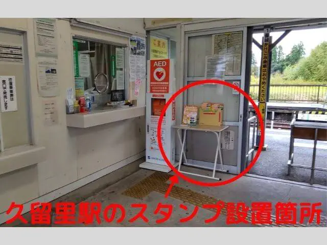 久留里駅の改札口手前のスタンプラリー用のスタンプ設置箇所の写真