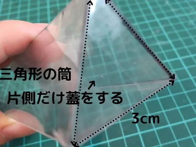 大きい三角形の筒の片側に1辺が3cmの三角形で蓋をする写真