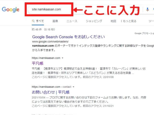 Google検索で「site:namikaasan.com」と入力して調べた場合に出てきたページをスクリーンショットした画像