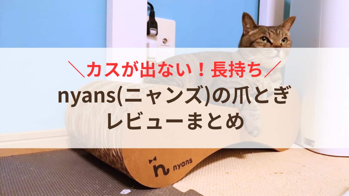 カスが出ない！長持ち！nyansの爪とぎレビューまとめの文字とnyansの爪とぎの上に寝そべってくつろいでいるわが家の猫の写真