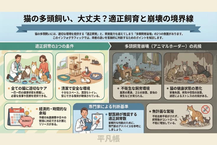 猫の多頭飼いがは頭おかしいほど問題なのかを適正飼育と崩壊飼育の境界線でわけてインフォグラフィックにした画像